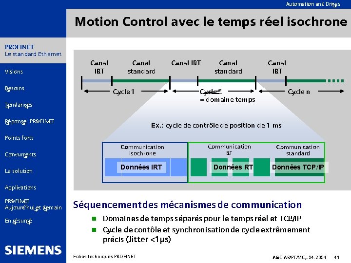 Automation and Drives Motion Control avec le temps réel isochrone PROFINET Le standard Ethernet