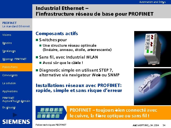 Automation and Drives Industrial Ethernet – l’infrastructure réseau de base pour PROFINET Le standard