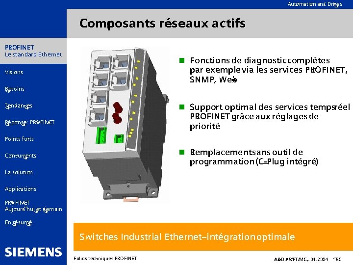 Automation and Drives Composants réseaux actifs PROFINET Le standard Ethernet n Fonctions de diagnostic