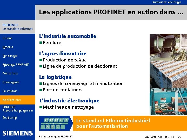Automation and Drives Les applications PROFINET en action dans … PROFINET Le standard Ethernet