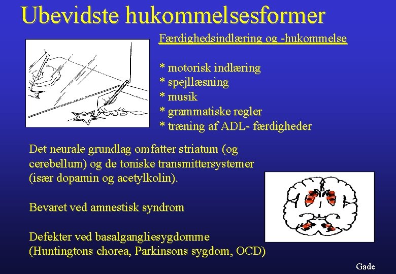 Ubevidste hukommelsesformer Færdighedsindlæring og -hukommelse * motorisk indlæring * spejllæsning * musik * grammatiske