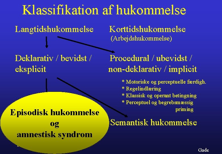 Klassifikation af hukommelse Langtidshukommelse Korttidshukommelse (Arbejdshukommelse) Deklarativ / bevidst / eksplicit Procedural / ubevidst