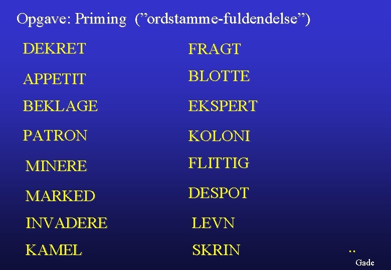 Opgave: Priming (”ordstamme-fuldendelse”) DEKRET FRAGT APPETIT BLOTTE BEKLAGE EKSPERT PATRON KOLONI MINERE FLITTIG MARKED