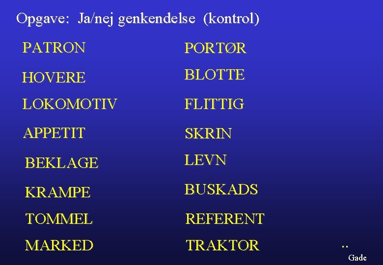 Opgave: Ja/nej genkendelse (kontrol) PATRON PORTØR HOVERE BLOTTE LOKOMOTIV FLITTIG APPETIT SKRIN BEKLAGE LEVN