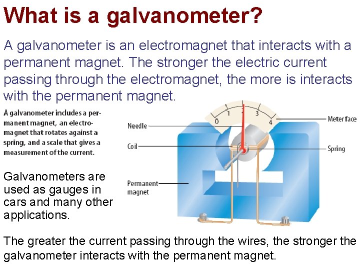 What is a galvanometer? A galvanometer is an electromagnet that interacts with a permanent