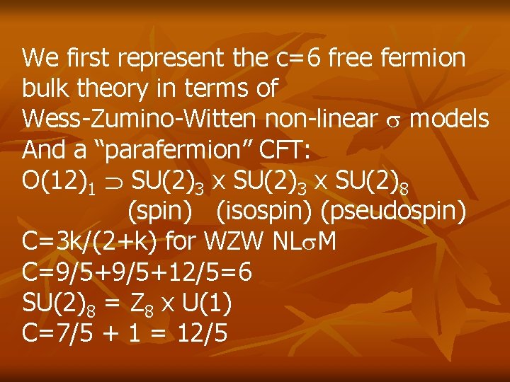 We first represent the c=6 free fermion bulk theory in terms of Wess-Zumino-Witten non-linear We first represent the c=6 free fermion bulk theory in terms of Wess-Zumino-Witten non-linear