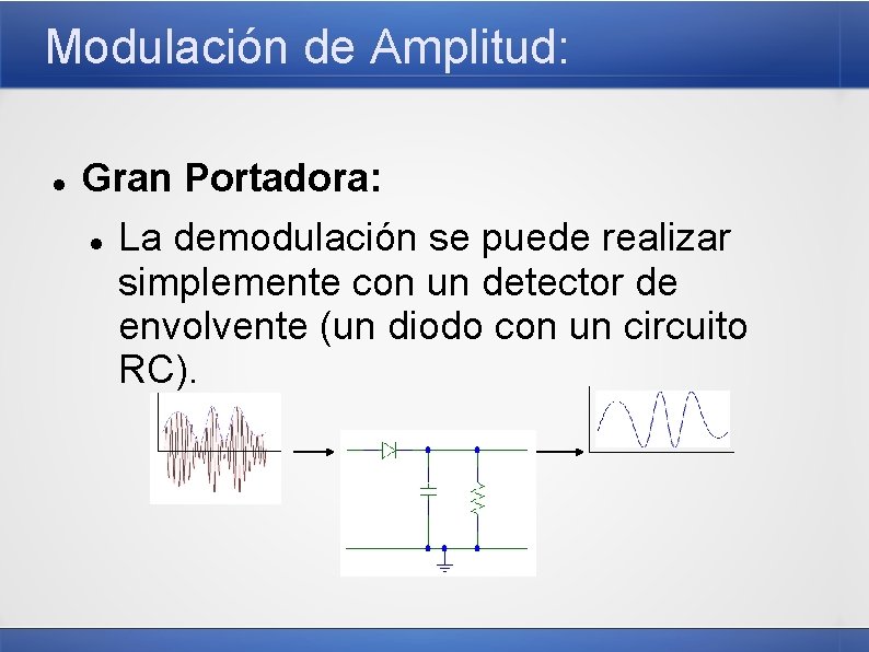 Modulación de Amplitud: Gran Portadora: La demodulación se puede realizar simplemente con un detector