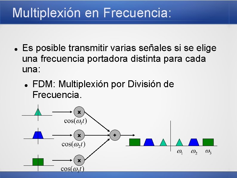 Multiplexión en Frecuencia: Es posible transmitir varias señales si se elige una frecuencia portadora