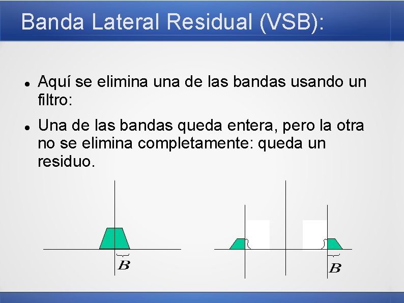 Banda Lateral Residual (VSB): Aquí se elimina una de las bandas usando un filtro: