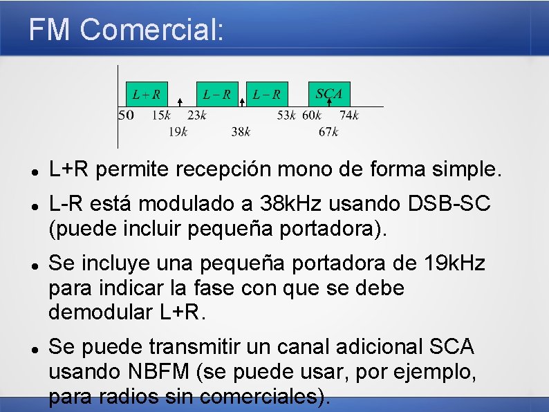 FM Comercial: L+R permite recepción mono de forma simple. L-R está modulado a 38