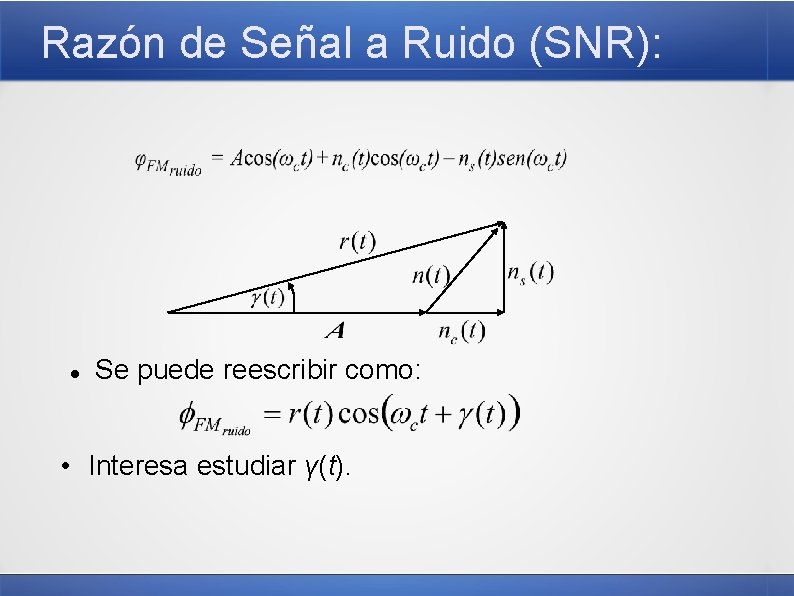 Razón de Señal a Ruido (SNR): Se puede reescribir como: • Interesa estudiar γ(t).