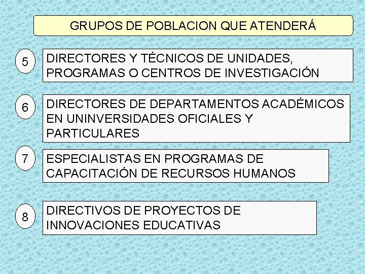 GRUPOS DE POBLACION QUE ATENDERÁ 5 DIRECTORES Y TÉCNICOS DE UNIDADES, PROGRAMAS O CENTROS