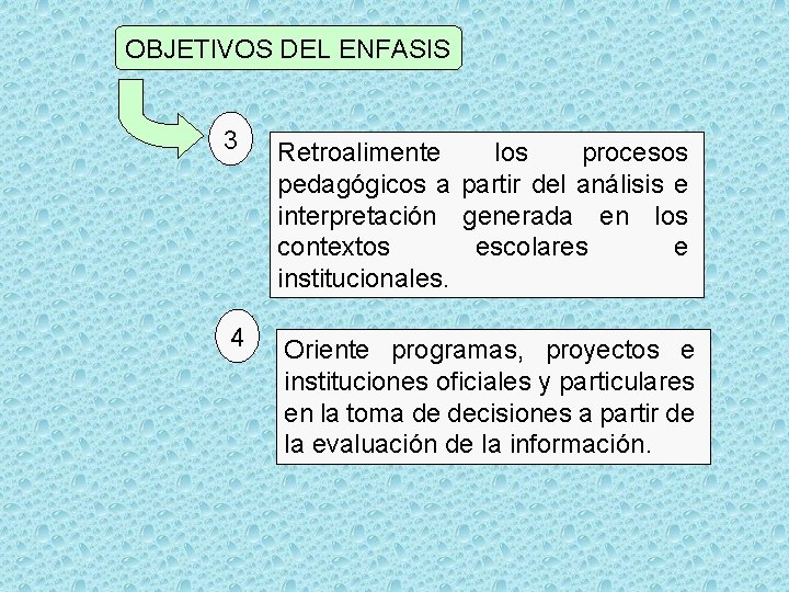 OBJETIVOS DEL ENFASIS 3 Retroalimente los procesos pedagógicos a partir del análisis e interpretación