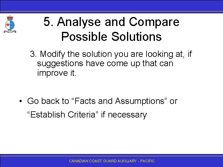5. Analyse and Compare Possible Solutions 3. Modify the solution you are looking at,