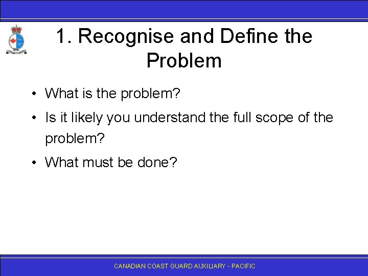 1. Recognise and Define the Problem • What is the problem? • Is it