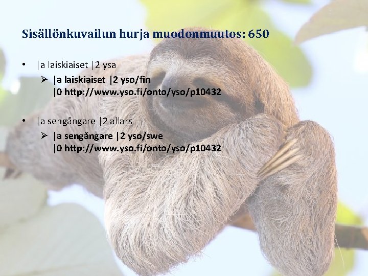 Sisällönkuvailun hurja muodonmuutos: 650 • |a laiskiaiset |2 ysa Ø |a laiskiaiset |2 yso/fin