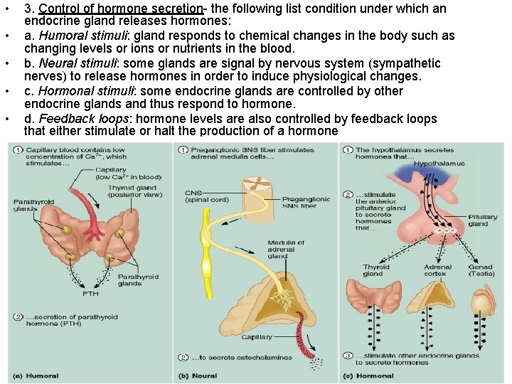  • • • 3. Control of hormone secretion- the following list condition under
