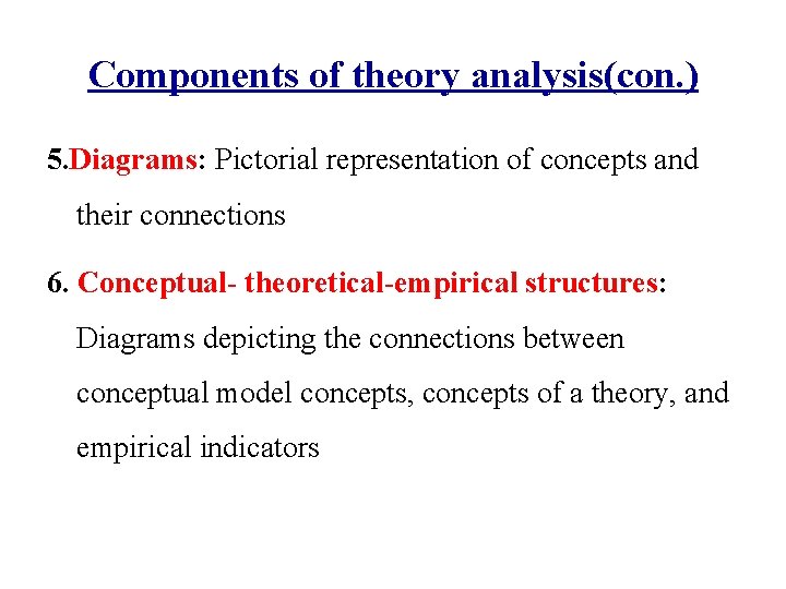 Components of theory analysis(con. ) 5. Diagrams: Pictorial representation of concepts and their connections