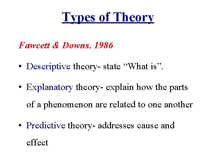 Types of Theory Fawcett & Downs, 1986 • Descriptive theory- state “What is”. •