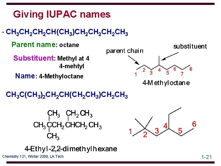 Giving IUPAC names • CH 3 CH 2 CH(CH 3)CH 2 CH 2 CH