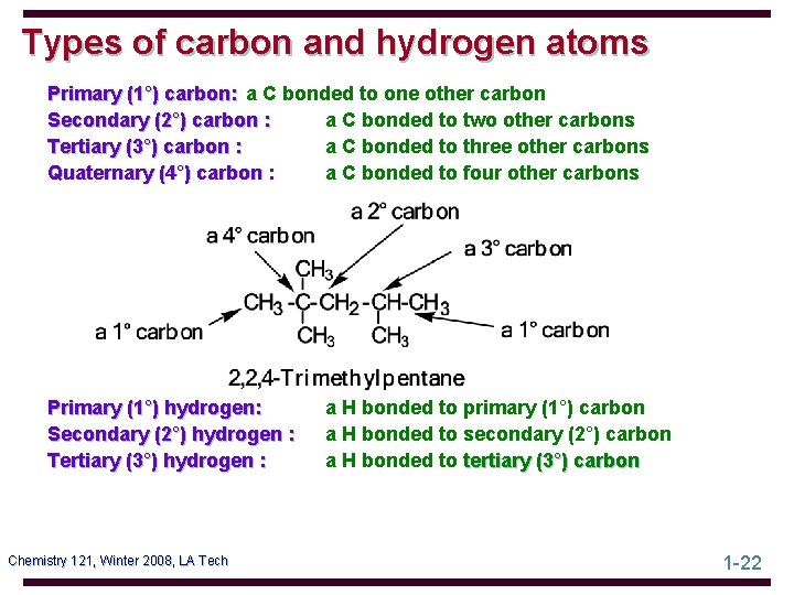 Types of carbon and hydrogen atoms Primary (1°) carbon: a C bonded to one