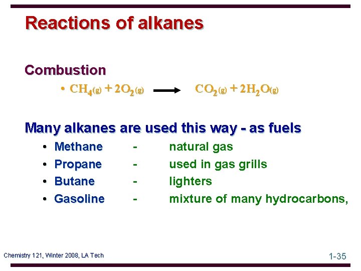 Reactions of alkanes Combustion • CH 4(g) + 2 O 2(g) CO 2(g) +