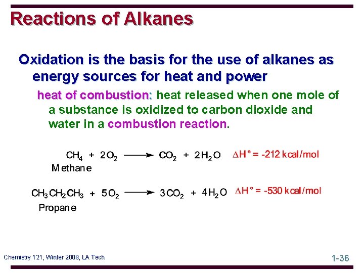 Reactions of Alkanes Oxidation is the basis for the use of alkanes as energy