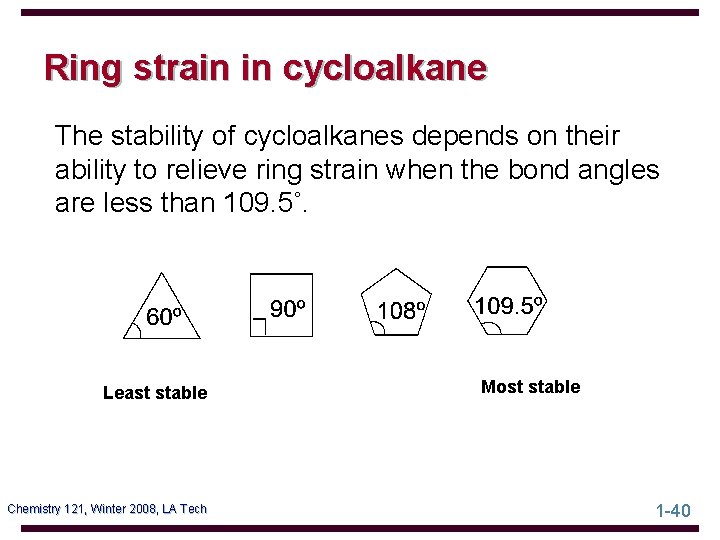 Ring strain in cycloalkane The stability of cycloalkanes depends on their ability to relieve