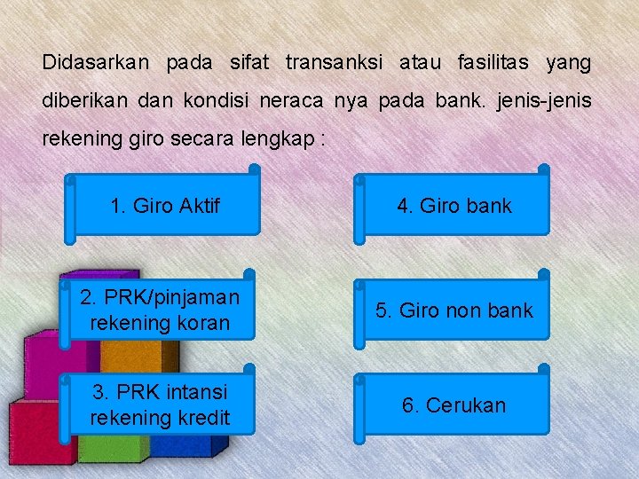 Didasarkan pada sifat transanksi atau fasilitas yang diberikan dan kondisi neraca nya pada bank.