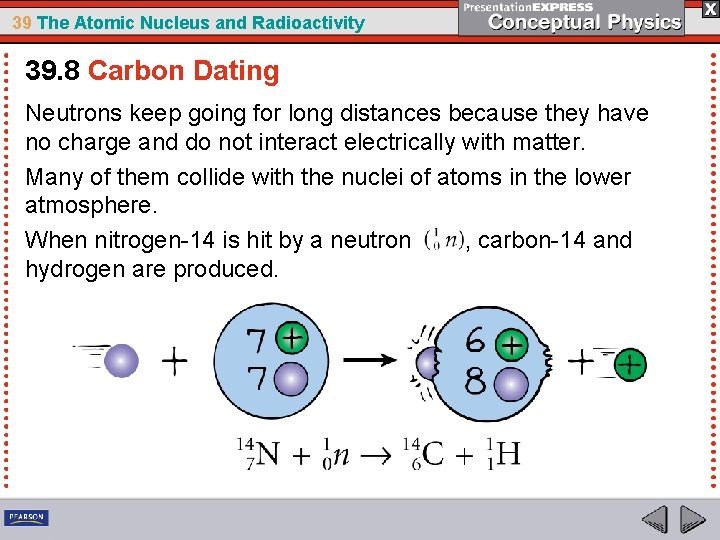 39 The Atomic Nucleus and Radioactivity 39. 8 Carbon Dating Neutrons keep going for