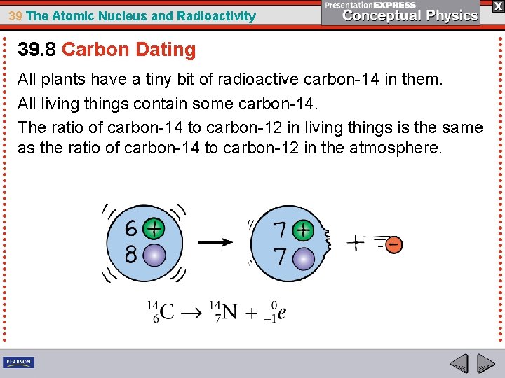 39 The Atomic Nucleus and Radioactivity 39. 8 Carbon Dating All plants have a