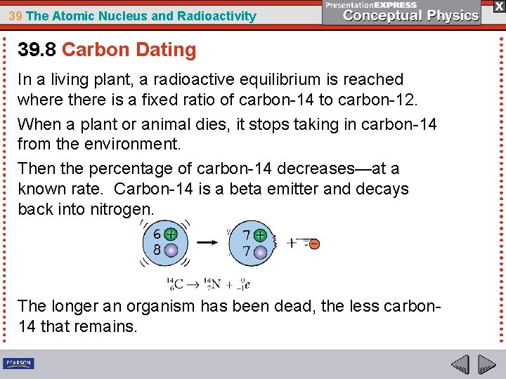 39 The Atomic Nucleus and Radioactivity 39. 8 Carbon Dating In a living plant,