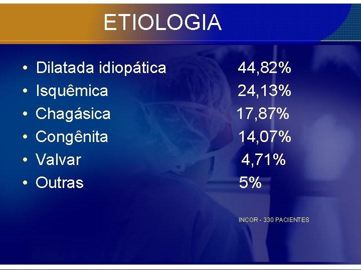 ETIOLOGIA • • • Dilatada idiopática Isquêmica Chagásica Congênita Valvar Outras 44, 82% 24,