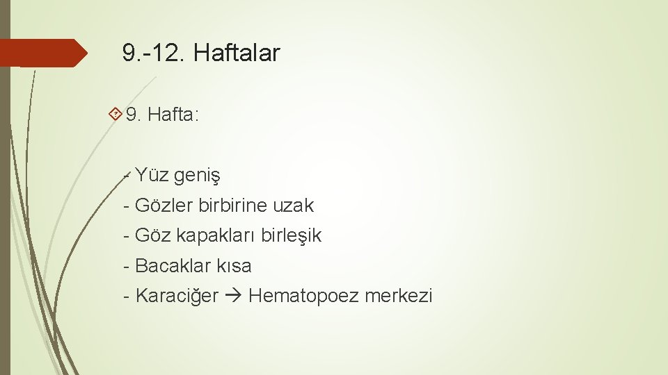 9. -12. Haftalar 9. Hafta: - Yüz geniş - Gözler birbirine uzak - Göz