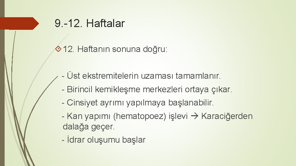 9. -12. Haftalar 12. Haftanın sonuna doğru: - Üst ekstremitelerin uzaması tamamlanır. - Birincil