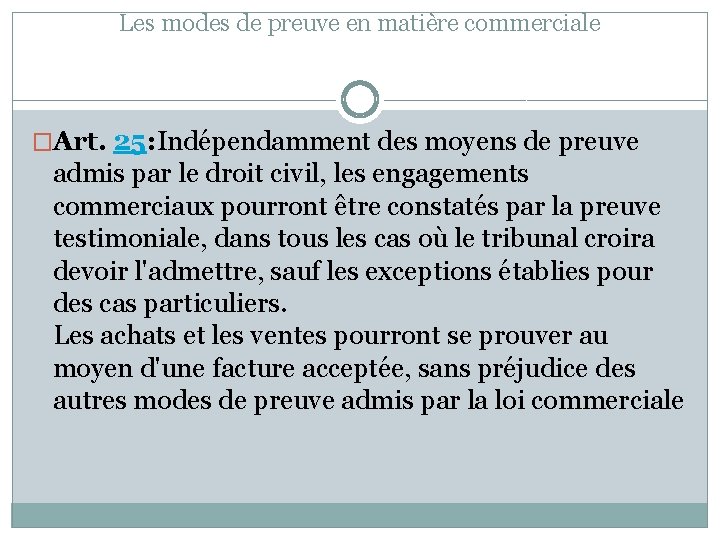 Les modes de preuve en matière commerciale �Art. 25: Indépendamment des moyens de preuve