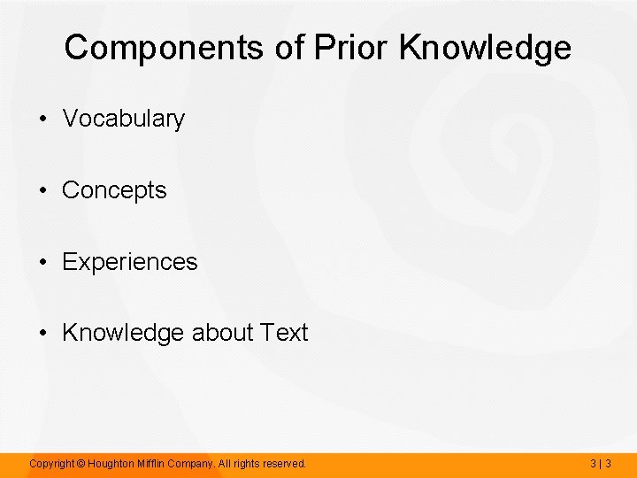 Components of Prior Knowledge • Vocabulary • Concepts • Experiences • Knowledge about Text