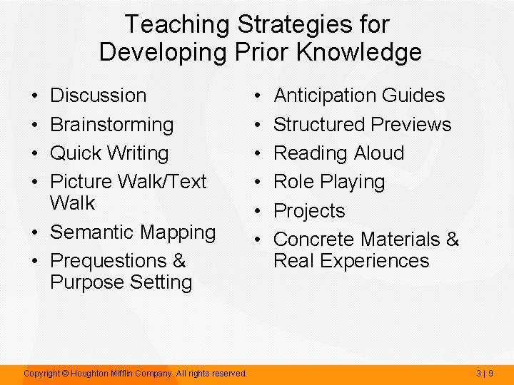 Teaching Strategies for Developing Prior Knowledge • • Discussion Brainstorming Quick Writing Picture Walk/Text