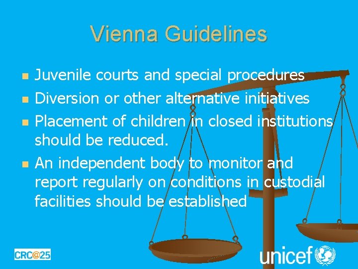 Vienna Guidelines n n Juvenile courts and special procedures Diversion or other alternative initiatives