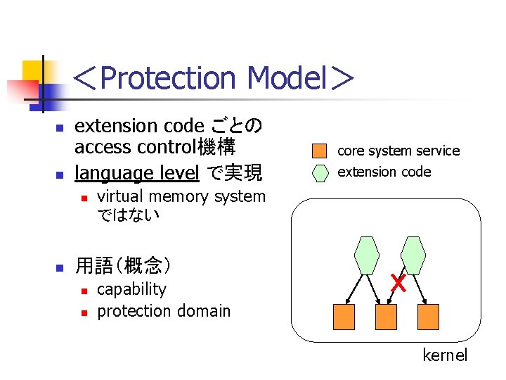 ＜Protection Model＞ n n extension code ごとの access control機構 language level で実現 n n