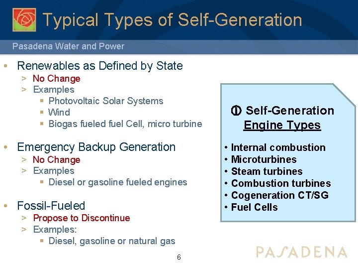 Typical Types of Self-Generation Pasadena Water and Power • Renewables as Defined by State