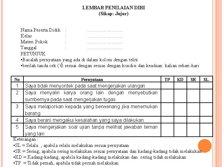 LEMBAR PENILAIAN DIRI (Sikap: Jujur) Nama Peserta Didik : …………………. Kelas : …………………. Materi