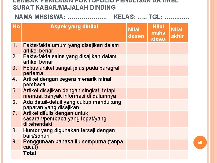 LEMBAR PENILAIAN PORTOFOLIO PENULISAN ARTIKEL SURAT KABAR/MAJALAH DINDING NAMA MHSISWA: ………………. . KELAS: ….
