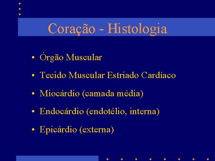 Coração - Histologia • Órgão Muscular • Tecido Muscular Estriado Cardíaco • Miocárdio (camada