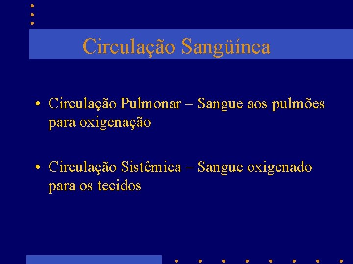 Circulação Sangüínea • Circulação Pulmonar – Sangue aos pulmões para oxigenação • Circulação Sistêmica
