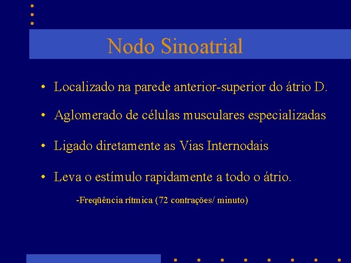 Nodo Sinoatrial • Localizado na parede anterior-superior do átrio D. • Aglomerado de células