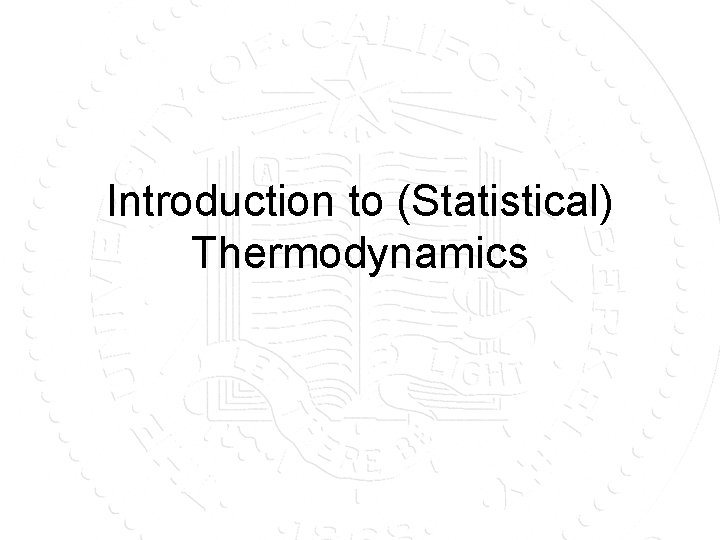 Introduction to (Statistical) Thermodynamics 