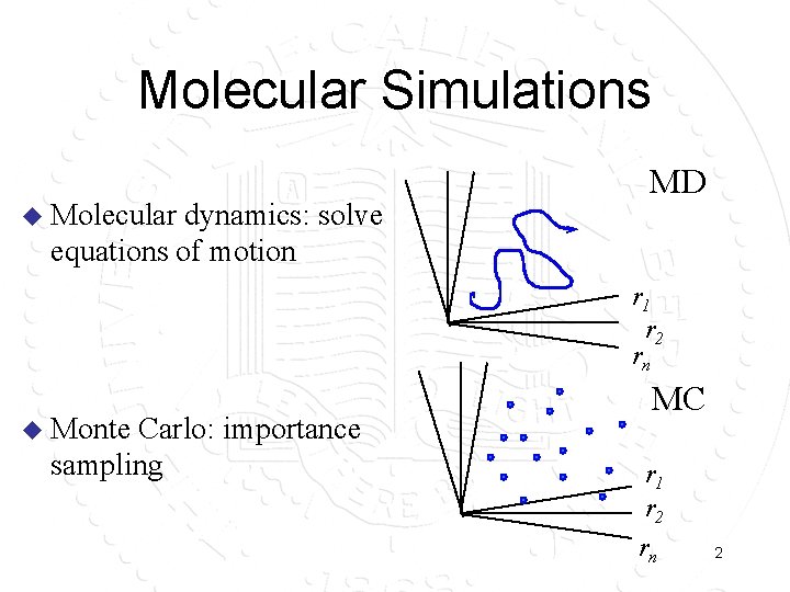 Molecular Simulations u Molecular dynamics: solve equations of motion MD r 1 r 2