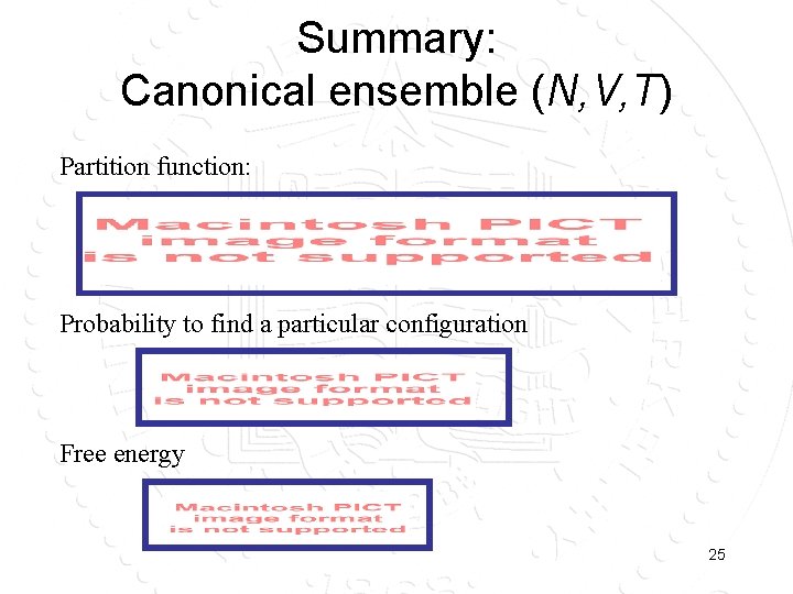 Summary: Canonical ensemble (N, V, T) Partition function: Probability to find a particular configuration