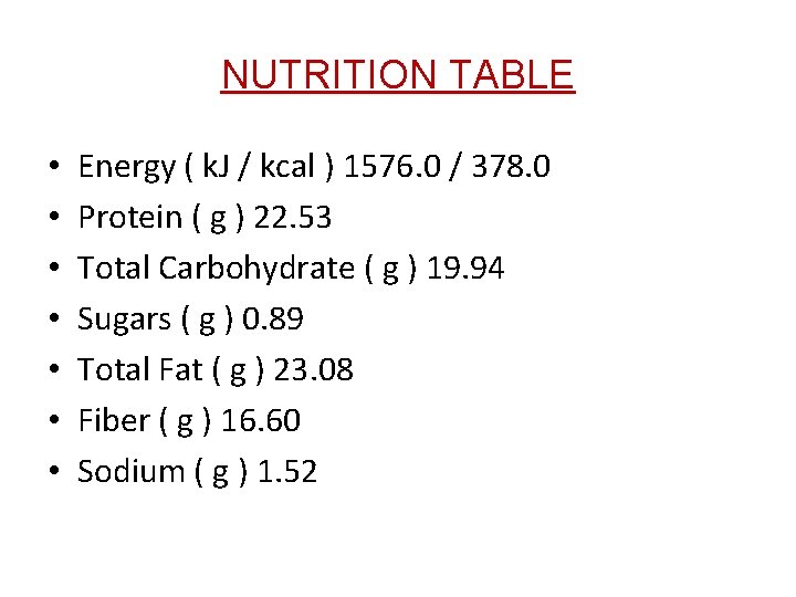 NUTRITION TABLE • • Energy ( k. J / kcal ) 1576. 0 /